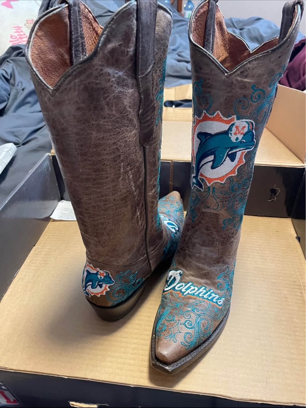 NFL Branded Brown Leather Interior Boots with Black Logo Patch